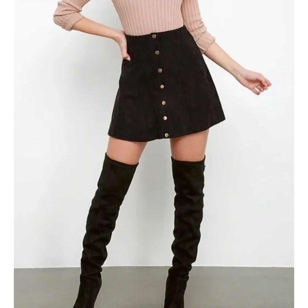 Zara Steven Meisel Leather Skirt Black Goat Leather Suede Button A Line Mini XS